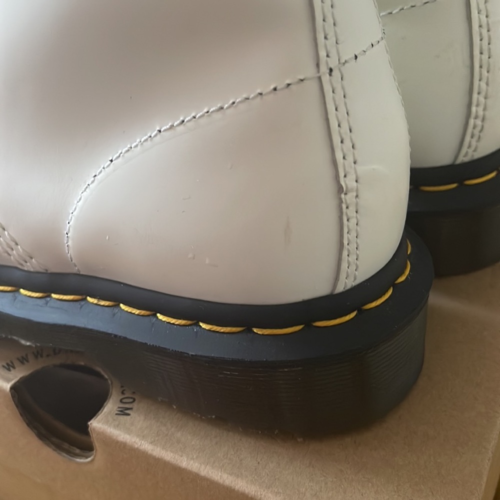 Dr. Martens White Leather Combat Boots with Black Trim and Yellow Stitching - Picture 5 of 7
